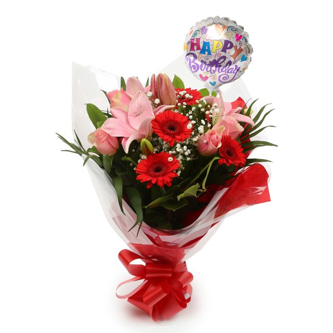 Birthday Balloon & Pink Deluxe Bouquet