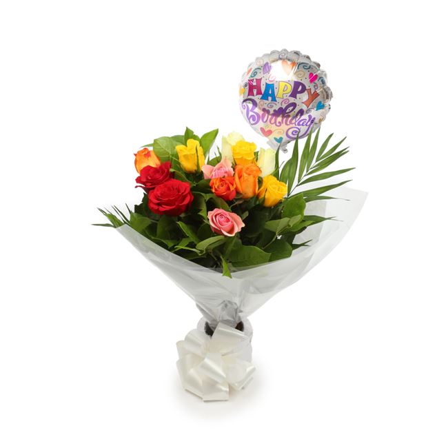 Birthday Balloon & 12 Roses