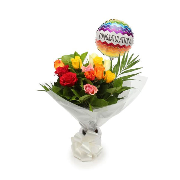 Congratulations Balloon & 12 Multicolour Roses